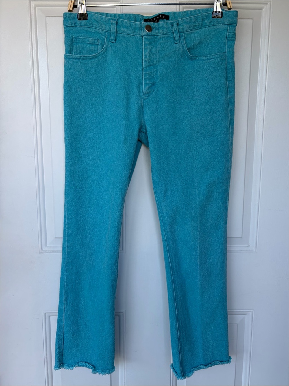 THEORY Turquoise Cropped Kick Flare Jeans Straight Leg Raw Hem - Size 10